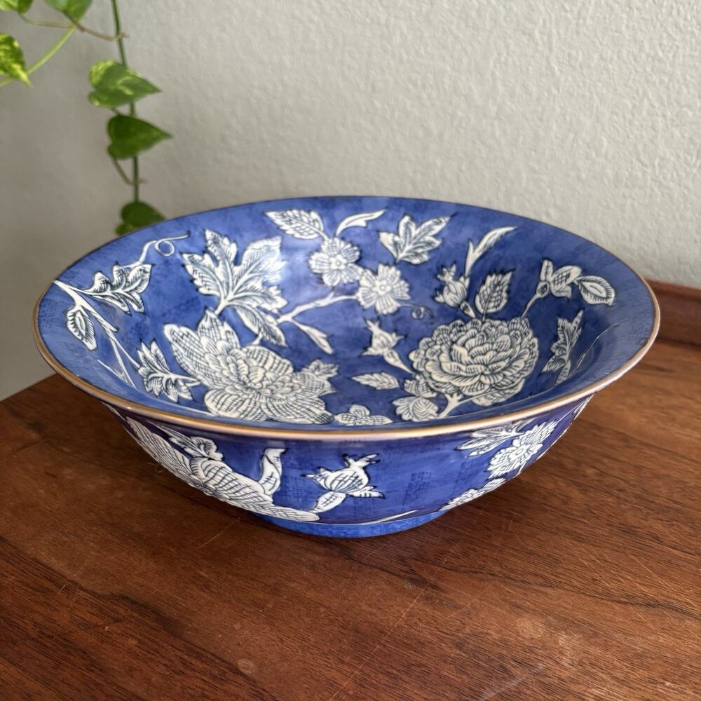 Vintage Chinoiserie Porcelain 10” Pasta Bowl Hollywood Regency Blue White